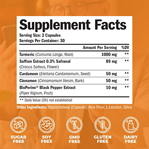 Turmeric Curcumin with Saffron Extract, Cinnamon, Cardamom & Black Pepper - Antioxidant Joint Support Supplement with Tumeric & Bioperine for Mood, Memory, Eye Health & Well-Being - 60 Capsules