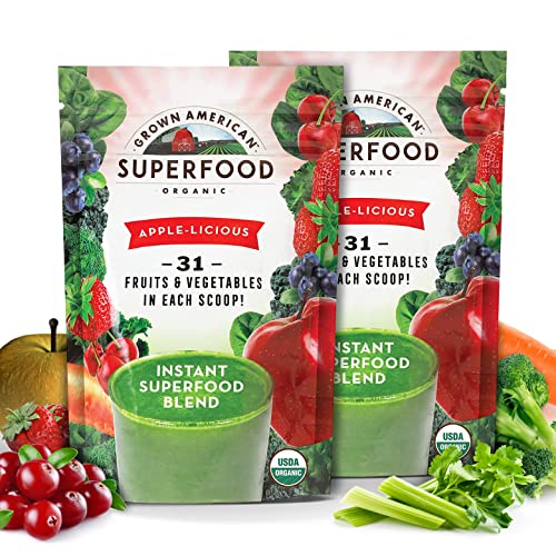 Grown American Superfood 31 Organic Whole Fruits and Vegetables Concentrated Green Powder Increase Energy and Performance - 100% Certified Organic and Vegan Non-GMO (2 Bags) - Packaging May Vary
