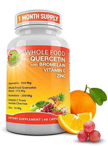 Quercetin with Bromelain, Vitamin C, and Zinc - Phytosome Quercetin 500mg - Enriched with Organic Whole Food Quercetin Blend, Ginger, and Flavonoids for Immune and Respiratory Support - 1 Month Supply