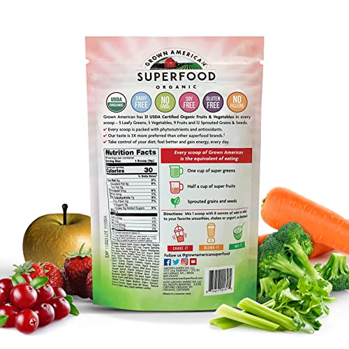 Grown American Superfood 31 Organic Whole Fruits and Vegetables Concentrated Green Powder Increase Energy and Performance - 100% Certified Organic and Vegan Non-GMO (2 Bags) - Packaging May Vary