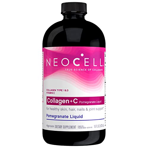 NeoCell Collagen Peptides + Vitamin C Liquid, 4g Collagen Per Serving, Gluten Free, Types 1 & 3, Promotes Healthy Skin, Hair, Nails & Joint Support, Pomegranate, 16 Oz