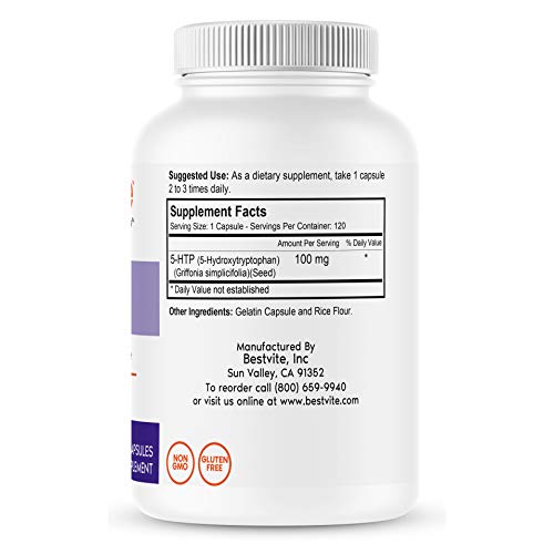 BESTVITE 5-HTP 100mg (240 Capsules) (120 x 2) - No Stearates or Flow Agents - Gluten Free - Non GMO