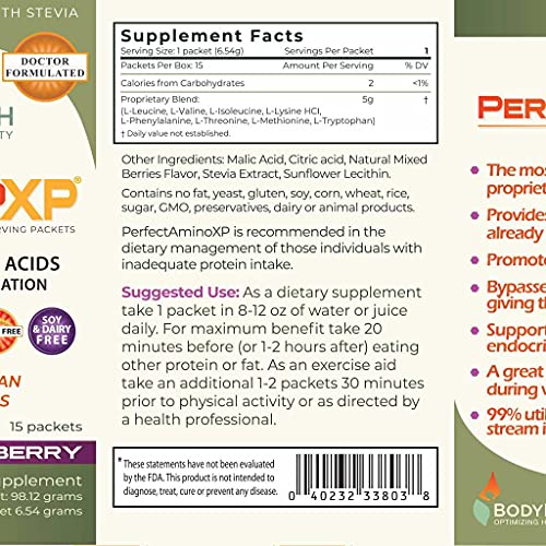 BodyHealth PerfectAmino XP Mixed Berry to-Go Packets, (Box of 15) Best Pre/Post Workout Recovery Drink, 8 Essential Amino Acids Energy Supplement with 50% BCAAs, 100% Organic, 99% Utilization