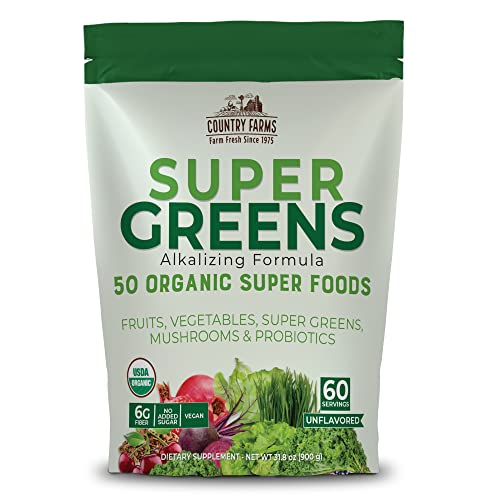 COUNTRY FARMS Super Greens Natural Flavor, 50 Organic Super Foods, USDA Organic Drink Mix, Fruits, Vegetables, Super Greens, Mushrooms & Probiotics, Supports Energy, 60 Servings, 31.8 Oz