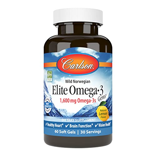 Carlson - Elite Omega-3 Gems, 1600 mg Omega-3 Fatty Acids Including EPA and DHA, Norwegian, Wild-Caught Fish Oil Supplement, Sustainably Sourced Capsules, Lemon, 60 Softgels