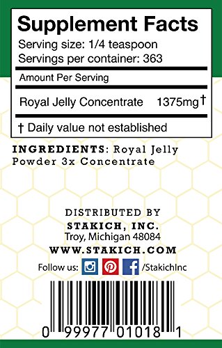 Stakich Freeze Dried Fresh Royal Jelly Powder - 3X Concentrate, 100% Pure, Premium Quality, High Potency -