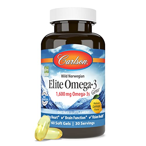 Carlson - Elite Omega-3 Gems, 1600 mg Omega-3 Fatty Acids Including EPA and DHA, Norwegian, Wild-Caught Fish Oil Supplement, Sustainably Sourced Capsules, Lemon, 60 Softgels