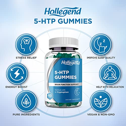 HOLLEGEND 5-HTP Gummies 200mg, 5HTP & L-Tryptophan Supplements for Stress Relief, Brain Support, Blueberry Flavor, 120 Chewables