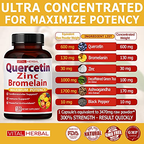 Premium High Purity Quercetin 98% with Bromelain Capsules Equivalent to 3470 mg - Maximum Potency with Green Tea Ashwagandha - Supports Overall Health Strength Energy - 150 Days Supply