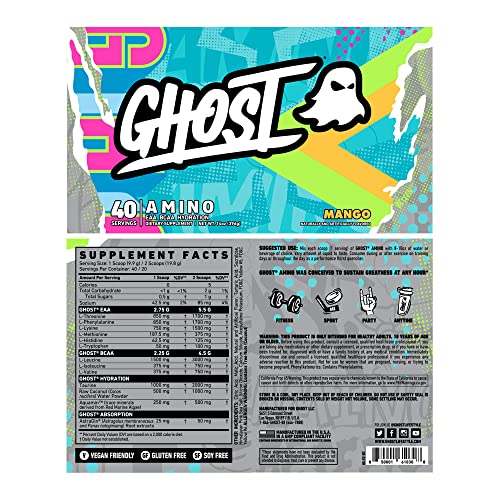 GHOST Amino: Essential Amino Acid Supplement, Mango - 20 Servings - Intra-Workout Powder for Hydration & Recovery 4.5g BCAA & 5.5g EAA - Soy & Gluten-Free, Vegan