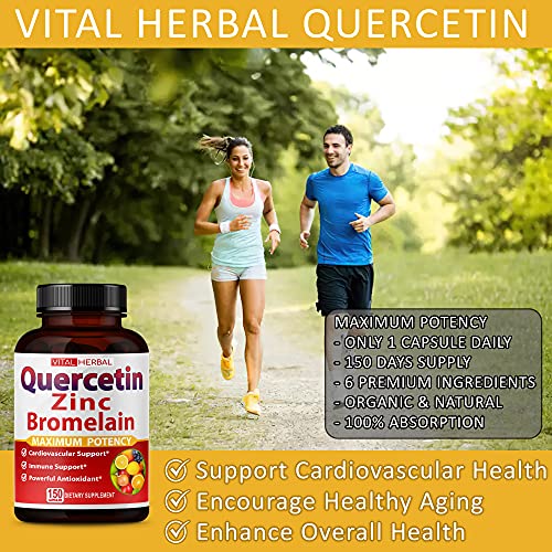 Premium High Purity Quercetin 98% with Bromelain Capsules Equivalent to 3470 mg - Maximum Potency with Green Tea Ashwagandha - Supports Overall Health Strength Energy - 150 Days Supply