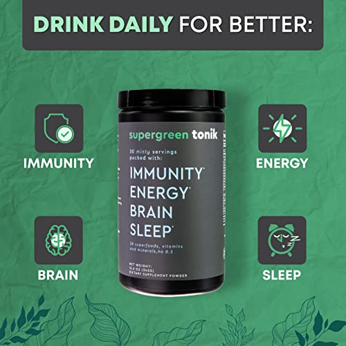 SUPERGREEN TONIK 100% Natural Greens Superfood Powder – Daily Supplement with 38 Superfoods, Vitamins and Minerals – Supports Energy, Stress, Sleep and Immunity – 30 Day Supply – 360 Grams (2 Tubs)
