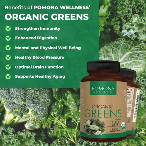 Pomona Wellness Organic Super Greens Supplement, Full Of Superfood Vitamins & Minerals, Fruits & Vegetable, Greens Powder for Bloating and Digestion, USDA Organic, Non-GMO, Vegan, 120 Tablets (2 Pack)