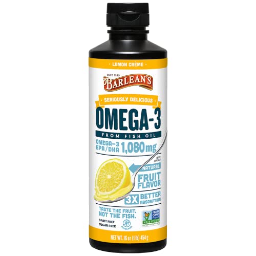 Barlean's Lemon Crème Omega 3 Fish Oil Liquid Supplement, 1080mg of Omega 3 EPA & DHA Fatty Acid, Smoothie Flavored & Burpless for Brain, Joint, & Heart Health, 16 oz
