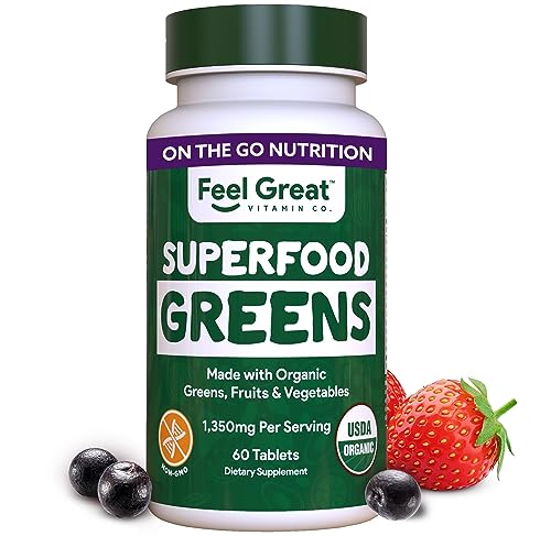Superfood Greens by Feel Great Vitamin Co. | Organic Greens, Fruits and Veggies Supplement | Fruit and Veggie Supplement with Kale, Spinach Extract, Green Onion, and More, 60 Tablets
