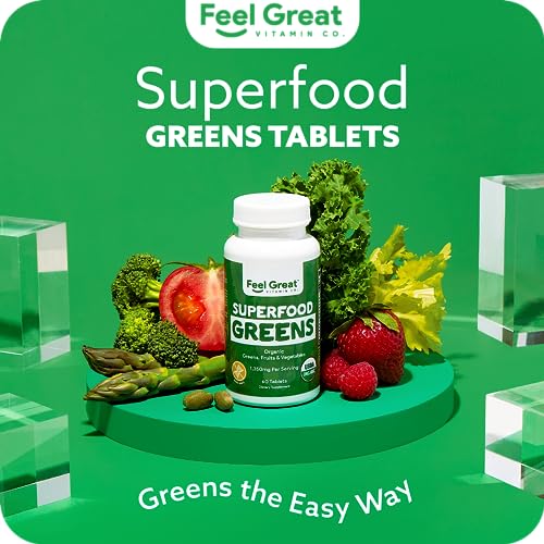 Superfood Greens by Feel Great Vitamin Co. | Organic Greens, Fruits and Veggies Supplement | Fruit and Veggie Supplement with Kale, Spinach Extract, Green Onion, and More, 60 Tablets