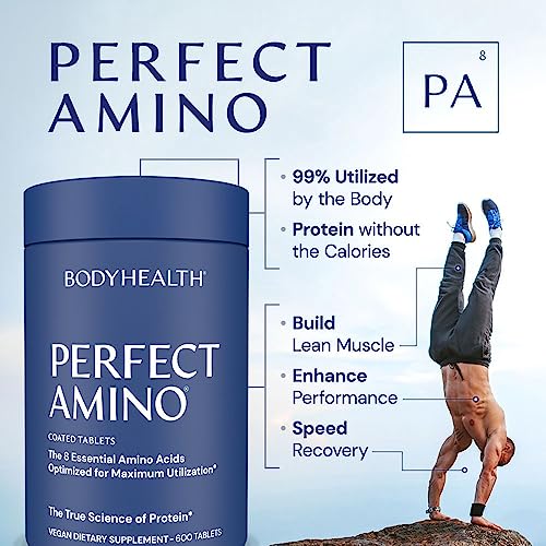 BodyHealth PerfectAmino (600 ct) Easy to Swallow Tablets, Essential Amino Acids Supplement with BCAAs, Vegan Protein for Pre/Post Workout & Muscle Recovery with Lysine, Tryptophan, Leucine, Methionine