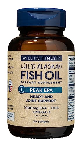 Wiley's Finest Wild Alaskan Fish Oil Peak EPA - Triple Strength Peak EPA and DHA - 1000mg Omega-3s, SQF-Certified - 30 Softgels (30 Servings)