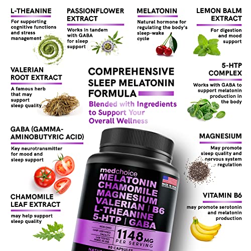 10-in-1 Melatonin Capsules - 6mg Melatonin with L Theanine, 5 HTP, GABA, Valerian Root, Chamomile, Vitamin B6, Magnesium for Sleep Support - Sleep Supplement (Pack of 1)