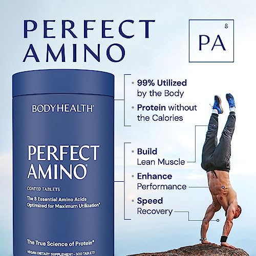 BodyHealth PerfectAmino (300 ct) Easy to Swallow Tablets, Essential Amino Acids Supplement with BCAAs, Vegan Protein for Pre/Post Workout & Muscle Recovery with Lysine, Tryptophan, Leucine, Methionine