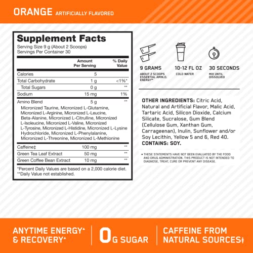 Optimum Nutrition Amino Energy - Pre Workout with Green Tea, BCAA, Amino Acids, Keto Friendly, Green Coffee Extract, Energy Powder - Orange Cooler, 30 Servings