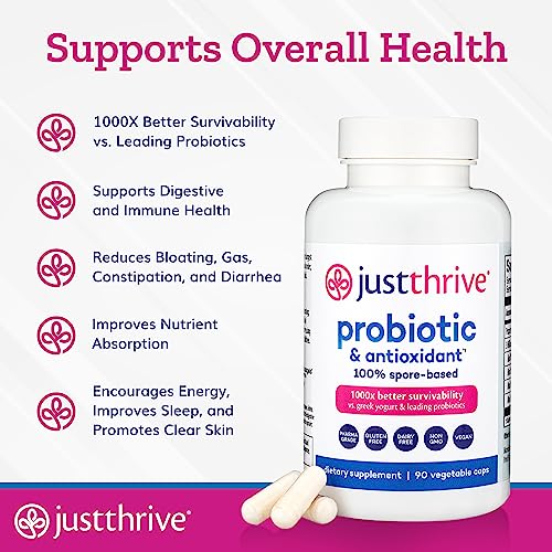 Just Thrive Probiotic & Antioxidant Supplement- Probiotics for Women, Men, and Kids - 90 Capsules - Probiotics for Digestive Health and Immune Support - No Gluten - Proprietary Blend Vegan Probiotics