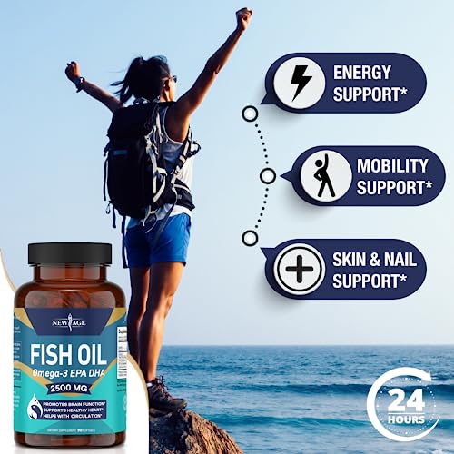 NEW AGE Omega 3 Fish Oil 2500mg Supplement Immune & Heart Support – Promotes Joint, Eye, Brain & Skin Health - Non GMO - EPA, DHA Fatty Acids Gluten Free (90 Softgels (Pack of 1))