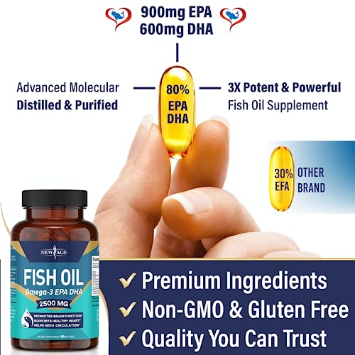 NEW AGE Omega 3 Fish Oil 2500mg Supplement Immune & Heart Support – Promotes Joint, Eye, Brain & Skin Health - Non GMO - EPA, DHA Fatty Acids Gluten Free (90 Softgels (Pack of 1))