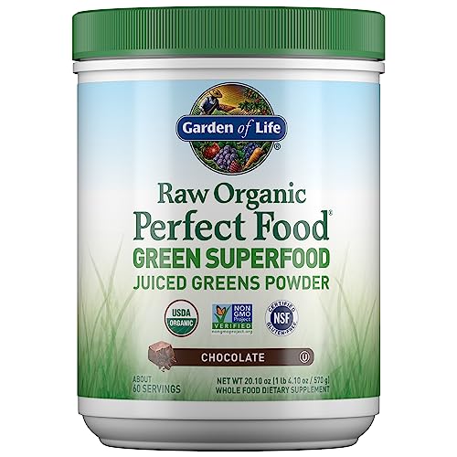 Garden of Life Raw Organic Perfect Green Superfood Juiced Powder, Non-GMO, Gluten Free, Vegan Whole Dietary Supplement, Plus Probiotics, Enzymes, Chocolate, 20.1 Oz