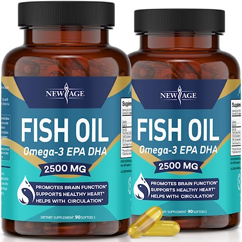 NEW AGE Omega 3 Fish Oil 2500mg Supplement Immune & Heart Support – Promotes Joint, Eye, Brain & Skin Health - Non GMO - EPA, DHA Fatty Acids Gluten Free (180 Softgels (Pack of 2))