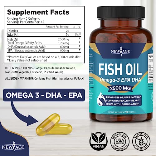 NEW AGE Omega 3 Fish Oil 2500mg Supplement Immune & Heart Support – Promotes Joint, Eye, Brain & Skin Health - Non GMO - EPA, DHA Fatty Acids Gluten Free (180 Softgels (Pack of 2))