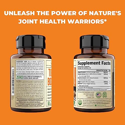 Turmeric Curcumin Supplement with Boswellia Extract, Organic Turmeric, Ginger & Black Pepper. High Absorption Tumeric Joint Support Supplement. 95% Curcuminoids. Aids Digestive Health & Immune Support