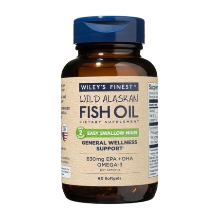 Wiley's Finest Wild Alaskan Fish Oil Easy Swallow Minis - Omega-3 Fish Oil Supplement for Adults and Kids - Double-Strength 630mg EPA and DHA Natural Supplement - 60 Mini Softgels (30 Servings)