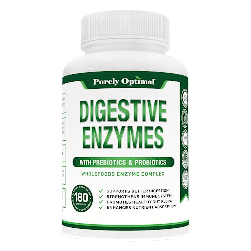 Purely Optimal Premium Digestive Enzymes Plus Prebiotics & Probiotics - for Better Digestion, Immune Support, & Nutrient Absorption - Gas, Constipation & Bloating Relief - 180 Capsules
