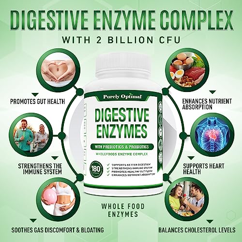 Purely Optimal Premium Digestive Enzymes Plus Prebiotics & Probiotics - for Better Digestion, Immune Support, & Nutrient Absorption - Gas, Constipation & Bloating Relief - 180 Capsules