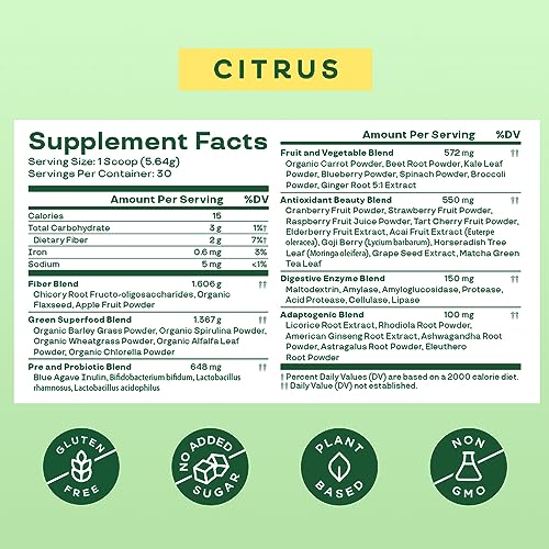 Bloom Nutrition Super Greens Powder Smoothie & Juice Mix - Probiotics for Digestive Health & Bloating Relief for Women, Digestive Enzymes with Superfoods Spirulina & Chlorella for Gut Health (Citrus)