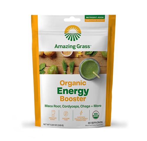 Amazing Grass Energy Booster Smoothie Mix: Energy Greens Powder, Maca, Cordyceps & Chaga, Smoothie Booster with Vitamin B, 30 Servings