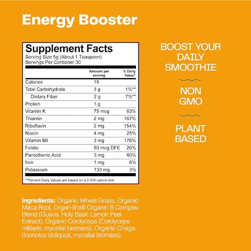 Amazing Grass Energy Booster Smoothie Mix: Energy Greens Powder, Maca, Cordyceps & Chaga, Smoothie Booster with Vitamin B, 30 Servings