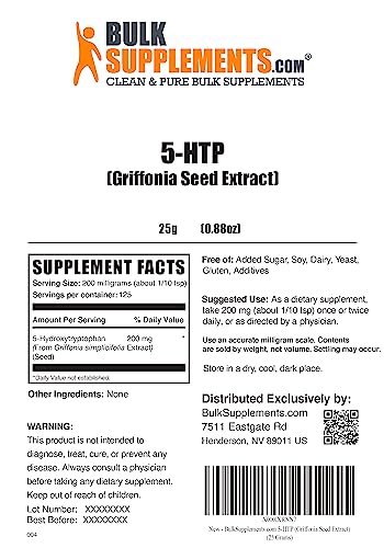 BULKSUPPLEMENTS.COM 5-HTP Powder - 5-Hydroxytryptophan - 5 HTP Supplement - 5-HTP 200mg - HTP5 Supplement - from Griffonia Seed Extract - 200mg per Serving, 125 Servings (25 Grams - 0.88 oz)