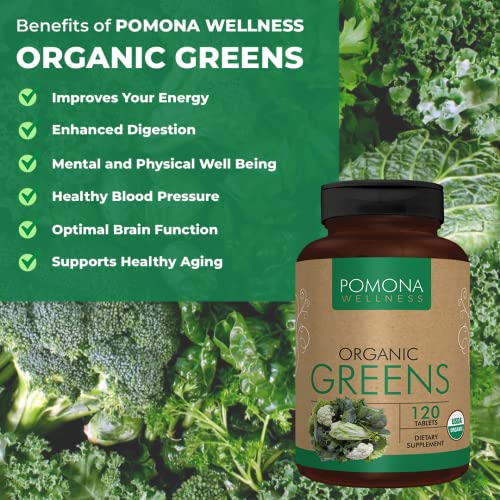 Pomona Wellness Super Greens Supplement, Full of Superfood Vitamins & Minerals, Fruits & Vegetable, Greens Powder for Bloating and Digestion, Gut Health, USDA Organic, Non-GMO, 120 Tablets