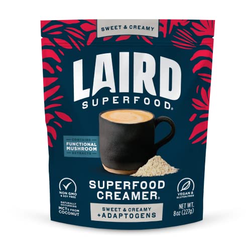 Laird Superfood Non-Dairy Coconut Powder Creamer - Sweet & Creamy + Adaptogens - Superfood Creamer with Functional Mushrooms - Non-GMO, Vegan, 8 oz. Bag, Pack of 1