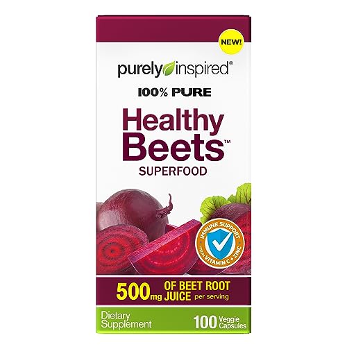 Beet Root Capsules, Purely Inspired Healthy Beets Superfood, 500mg of Beet Root Juice, Vitamin C & Zinc for Immune Support, Beets Supplements, 100 Veggie Capsules