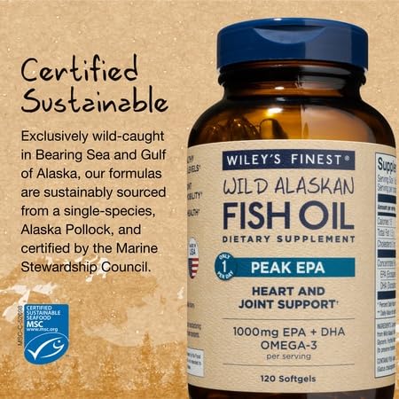 Wiley's Finest Wild Alaskan Fish Oil Peak EPA - Triple Strength Peak EPA and DHA - 1000mg Omega-3s, SQF-Certified - 120 Softgels (120 Servings)