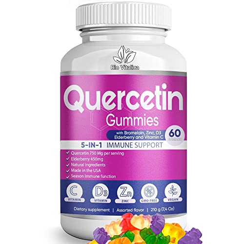 BIO VITALICA Quercetin Gummies by BioVitalica - Quercetin with Bromelain Vitamin C and Zinc & Elderberry + Vitamin D3-5 in 1 Immune Support - Zinc Quercetin 750 mg for Kids and Adult