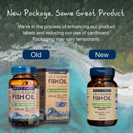 Wiley's Finest Wild Alaskan Fish Oil Easy Swallow Minis - Omega-3 Fish Oil Supplement for Adults and Kids - Double-Strength 630mg EPA and DHA Natural Supplement - 120 Mini Softgels (60 Servings)