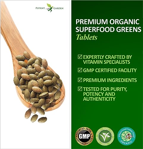 Potent Garden Organic Superfood Greens, Fruit and Veggie Supplement Rich in Vitamins & Antioxidants with Alfalfa, Beet Root & Tart Cherry to Boost Energy, Immunity & Gut Health, Greens Tablets 60 Ct
