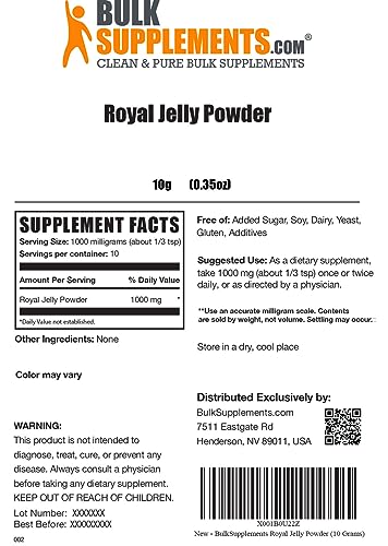 BulkSupplements.com Royal Jelly Powder - Royal Jelly 1000mg - Royal Jelly Nutritional Supplements - Royal Jelly Supplement - for Immune Support - 1000mg per Serving (10 Grams - 0.35 oz)