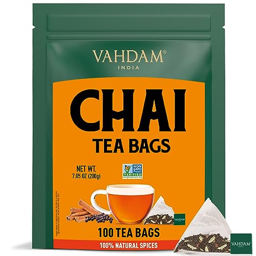 VAHDAM, Organic Masala Chai Tea Bags (100 Tea Bags) Strong & Robust - Real & Pure Spices - Cardamom, Cinnamon, Black Pepper, Cloves - Brew Latte