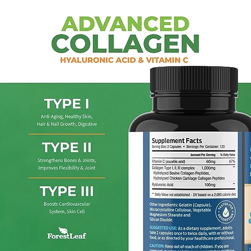 ForestLeaf - Collagen Pills with Hyaluronic Acid & Vitamin C - Reduce Wrinkles, Tighten Skin, Boost Hair, Skin, Nails & Joint Health - Hydrolyzed Collagen Peptides Supplement - 240 Capsules