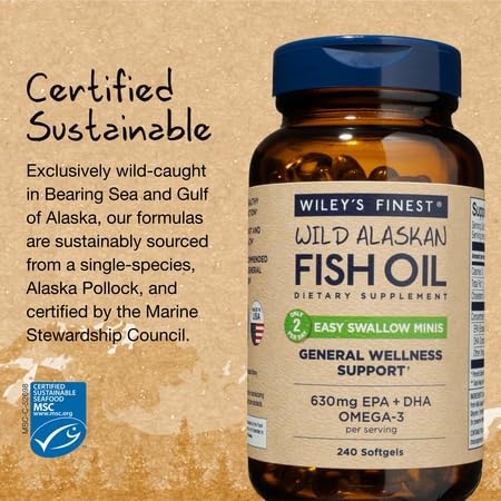 Wiley's Finest Wild Alaskan Fish Oil Easy Swallow Minis - Omega-3 Fish Oil Supplement for Adults and Kids - Double-Strength 630mg EPA and DHA Natural Supplement - 240 Mini Softgels (120 Servings)